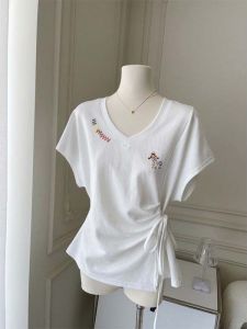 White V-Neck Short Sleeve T-Shirt Womens Slim Fit Drawstring Fashionable Spring Summer New Design Korean Style Casual Top