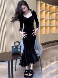 Velvet Bodycon Dress Womens Autumn Winter Slimming Elegant Lady Style Hepburn Style Little Black Dress Long Sleeve High Waist