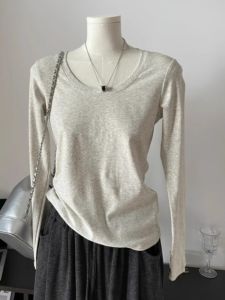 Womens Pure Cotton Long Sleeve T-Shirt from Guangzhou Thirteen Row Autumn Winter High Quality Casual Wear Slim Fit Crewneck