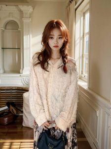 เสื้อเชิ้ตคอวีแขนยาวสีพีชสไตล์ฝรั่งเศสสำหรับผู้หญิงในฤดูใบไม้ผลิ ทรงหลวม สไตล์ทำงาน เสื้อเชิ้ตผู้หญิง