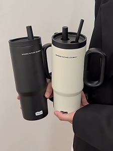 Stainless Steel Thermos Cup Large Capacity Portable Household Insulation Cup With Straw Handle Water Cup