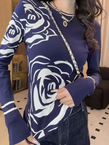 American Style Long Sleeve T-Shirt Womens Slim Fit Fashionable Print Base Shirt Top Spring Autumn Anti-Aging Rose Pattern