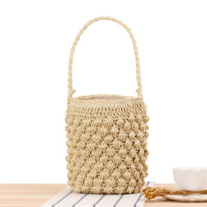 Cute Bucket Straw Rope Woven Handbag Casual Vacation Ladies Bag Soft Tubular Handheld Basket Style Fashionable Korean Design