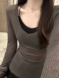 Áo Thun Dệt Kim Cổ Chữ V Ôm Vừa Vặn Ngọt Ngào Mùa Xuân Hè Áo Thun Dài Tay Màu Trơn Gợi Cảm Thoáng Khí Cho Nữ