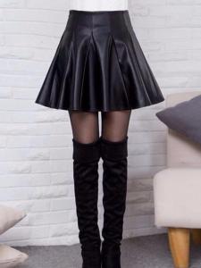 Váy Da PU Màu Đen Cạp Cao Chữ a Cho Nữ Mùa Xuân Thu Váy Ngắn Xếp Ly Phong Cách Hàn Quốc Váy Midi Che Mông