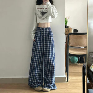 Retro Blue Lattice Loose Pants Womens Summer Thin Korean Style Idle Style Casual High Waist Loose Mop Pants