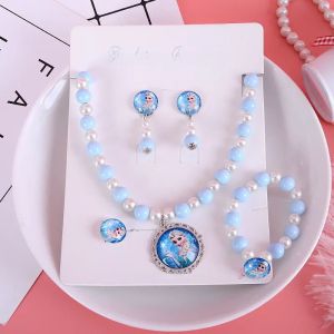 Princess Elsa Necklace Bracelet Ring Earring Ice Age Children Jewelry Set Gift Lace Material Korean Style  out Fashion Accessories