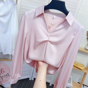 Necklace V Neck Loose Silk Long Sleeves Shirt Womens Spring and Autumn Elegant Professional Top Acetate Satin Base Shirt