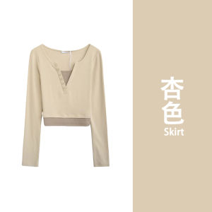 Autumn plus Size Womens Fashion V-Neck Long Sleeve T-Shirt Fake Two-Piece Waist-Cinched Shoulder-Length French Style Top