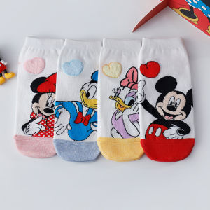 Disney | 4 Pairs of Fashionable Sweet and Cute Womens Disney Cartoon Printed Soft Cotton Ankle Socks Kawaii Anime Girl Gift Short Socks