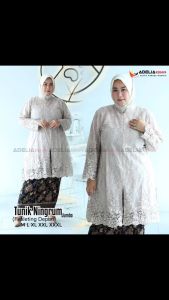 Setelan kebaya tunik ningrum jumbo - kebaya modern - outfit kekinian - motif cantik dan elegan - kebaya big size - model baju nikahan akad pesta kondangan - bahan tulle bordir - pakaian terlaris