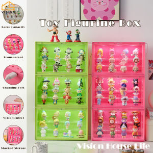 Vision 1Pc Sound Control Lighting Toy Storage Box Colorful Pop Mart Display Box Dust Proof Doll Model Hand-held Storage Rack Stackable Toy Display Case Collections