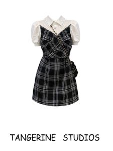 Plaid Shirt Dress Female Summer Mini Skirt Design Korean Style High Waist Short Sleeve Button Detail H-Shape Single Piece