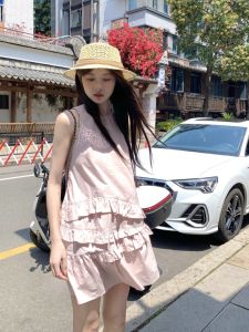 Váy Vest Ngắn Màu Hồng Mùa Hè Cho Nữ Thiết Kế Viền Lá Sen Đi Làm Phong Cách Nhật Bản Thanh Lịch Váy Ngắn Không Tay Polyester