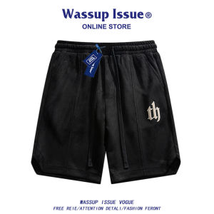 Wassup Issue American Letter Print Suede Casual Shorts Mens Summer Trendy Loose Five-Point Pants Breathable Polyester Fiber