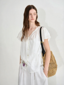 Fano | French Vintage V-Neck Waist-Cinching Ruffle Sleeve Blouse
