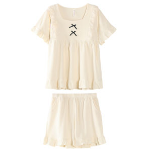 MiiOW | Pure Cotton Nightgown Womens Style 2025 New Summer Short Sleeve Strap Sweet Butterfly Knot Princess Home Clothes Set