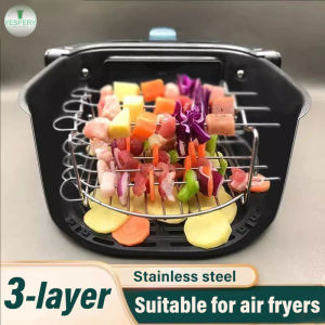YESPERY Square Air Fryer Grill Stainless Steel 3-layer Barbecue Skewers Grill Air Fryer Accessories Cooking Rack Kitchen Supplies