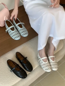 Black Mary Jane Flat Sandals for Women Elegant Hollow Out Ventilation White Doll Shoes For Women Summer New Sandals Comfortable Leather Shoes