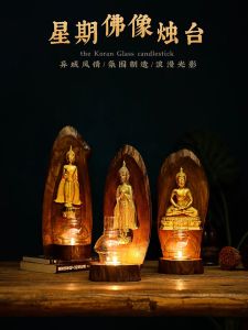 เชิงเทียนไม้ ตะเกียงไม้ พระประจำวันเกิด พร้อมแก้วครอบ+เทียน