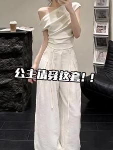LIRUSHAN | Elegant Casual White Off-Shoulder Top and Wide Leg Pants