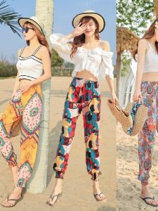 Mosquito-Resistant Cotton Silk Womens Summer Beach Pants Thin Lantern Pants Artificial Cotton Sleepwear High Waist Long Trousers