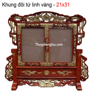 Khung 2 ảnh thờ trạm tứ linh rát vàng gỗ huong cỡ ảnh thờ 20x30
