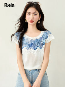 puella | Korean Style Simple Versatile Lace Hollow-out Wavy Stripes Knit Loose Waist-length Short Sleeve Womens Blouse