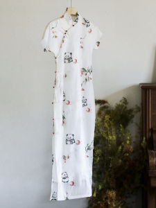 New Chinese Style Small Panda Ancient Method Cheongsam Dress Daily Wear Long Qipao Gown Short Sleeve Floral Patterned