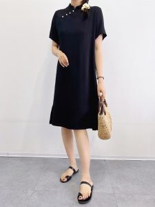 Slim Fit Korean Style Cotton Silk Dress Summer Loose Black Short Sleeve Long Dress Stand Collar Overhead Solid Color Qipao