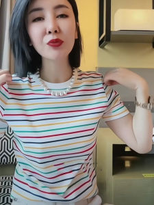 Fashionable Colorful Striped round Neck Short Sleeve T-Shirt Womens Casual Summer New Style Versatile Top Trendy Cotton Blend