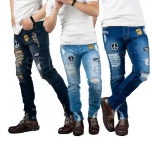 celana jeans sobek emblem pria celana jeans panjang sobek lutut pria celana jeans denim model sobek terbaru celana sobek BLUE BIRU