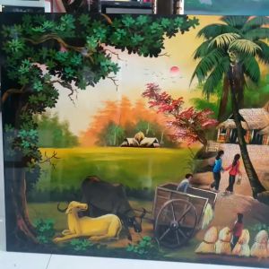 Tranh sơn mài đồng quê vẽ màu đẹp Thanh Bình Lê hàng xuất khẩu 60x120 cm