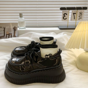 Womens Black PU Leather Thick Bottom Platform Shoes Lace-Up Heightening Chunky Sole Fashionable Korean Style Casual Flats