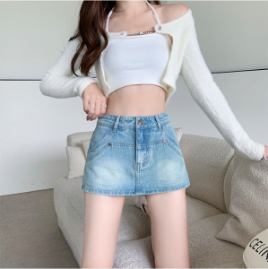 S-6XL Wanita Rok Jeans Klasik Biru Pinggang Tinggi Langsing Garis A-line Pendek Celana Rok pendek