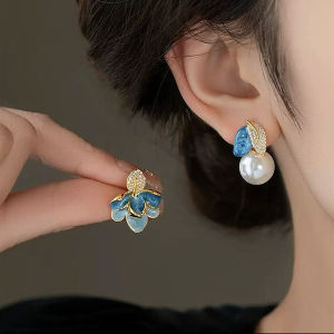 Symmetrical Enamel Summer Flowers Pearl Stud Earrings French Style Versatile Simple Micro-Set Zirconia High-End Atmosphere Womens Jewelry