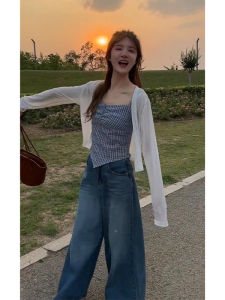 YUEZHONGWEI | เสื้อคาร์ดิแกนไหมน้ำแข็งสั้นสีขาวสำหรับผู้หญิงในช่วงฤดูร้อน เสื้อคลุมกันแดดแบบบาง ทรงเข้ารูป สไตล์เกาหลี แขนยาว ปกโปโล