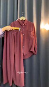 Setelan Wanita Setcel Polos Kemeja Full Kancing One Set Wanita Trendy Busui