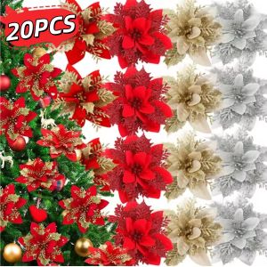 Large Glitter Artificial Christmas Flowers with Clips DIY Fake Flower Xmas Tree Ornaments for Home New Year Decoration Supplies