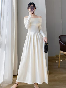 French Knitted Long Dress Womens Elegant One Shoulder Slimming White High Waist A-Line Skirt Cotton Polyester Autumn Winter