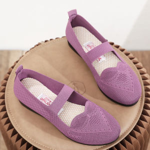 Breathable Slip-On Flat Womens Shoes Comfortable Elastic Band Fashionable Mom Shoes Beijing Style Casual round Toe Flat Heel