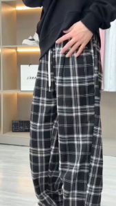 Celana pria panjang baggy korean style straight loose kulot motif kotak kotak casual dewasa cowok