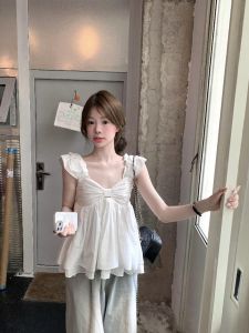 VKSOD | ชุดเสื้อแขนบานสไตล์เกาหลีสำหรับฤดูร้อน ชุดลำลอง กางเกงขายาวขากว้าง สีน้ำเงิน ชุดเด็กผู้หญิง ชุดสองชิ้น