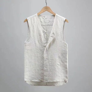Mens Cotton Linen Sleeveless Vest Thin Summer No Collar Open Cardigan Fashionable Button Decorated Loose Fit Daily Wear