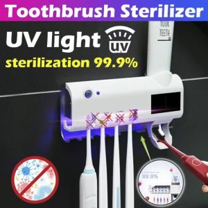 Household Toothpaste Dispenser Squeezer UV Sterilizer 4 Toothbrush Holder Set Wall Mount Bracket Bathroom Accessories Bathroom Rak Berus Gigi 牙刷消毒器 牙膏挤压器