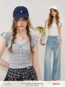 เสื้อยืดคอวีแขนสั้นผ้าลูกไม้ตัดเย็บสไตล์เกาหลีสำหรับผู้หญิงในฤดูร้อน แขนพอง ผ้าฝ้ายผสมโพลีเอสเตอร์ ความยาวปกติ