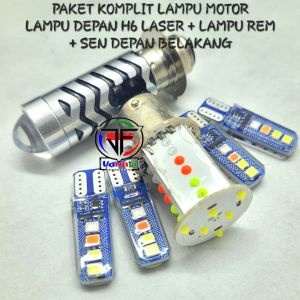 PAKET KOMPLIT Lampu Motor ( H6 Laser Putih Kuning + Stop Rem Running BAYONET PREMIUM RGBW + Sen Jelly Kedip 4 Warna RGBW Depan Belakang Universal DC 12 Volt Untuk Kendaraan Motor Motorcycle