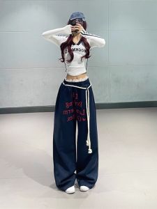 Lin Xiaohua Womens High Waist Straight Leg Sports Pants Lace Patchwork Dance Trousers Autumn Winter Jazz Kpop Lettered Cuffed Long Trousers