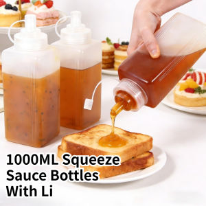 1000ML Squeeze Sauce Bottle and Lid Large Caliber Plastic Squeeze Jam Bottle Condiment Dispenser Kitchen Dustproof Seasoning Jar
