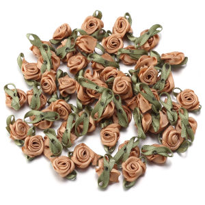 50Pcs Satin Ribbon Rose Bud 1.5x2.5cm Flowers Buds With Green Leaves for Scrapbook DIY Headwear Garment Wedding Decor Supplies